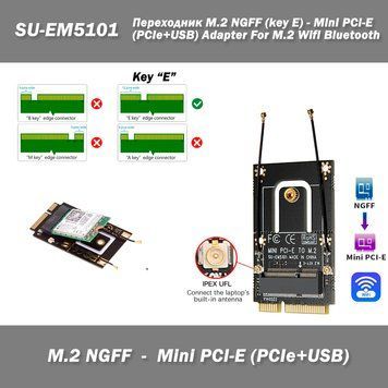 SU-EM5101 Переходник M.2 NGFF (key E) - Mini PCI-E (PCIe+USB) Adapter For M.2 Wifi Bluetooth IPEX UFL (пигтейл 6895 фото