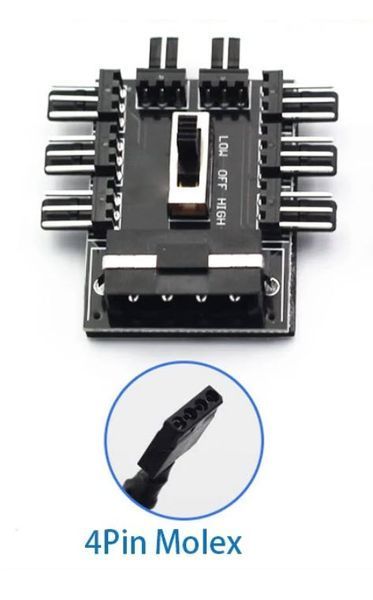 Хаб сплиттер для вентиляторов охлаждения 1-8 порт. (3-pin/4-pin) разветвитель с питанием Molex 4р для ПК и майнинга PWM Cooler Fan HUB Splitter CPU SYS 6134-3 фото