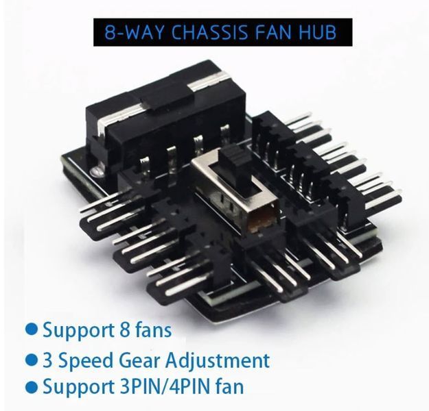 Хаб сплиттер для вентиляторов охлаждения 1-8 порт. (3-pin/4-pin) разветвитель с питанием Molex 4р для ПК и майнинга PWM Cooler Fan HUB Splitter CPU SYS 6134-3 фото