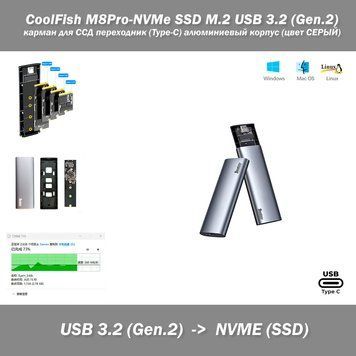 Карман CoolFish M8Pro-NVMe SSD M.2 USB 3.2 (Gen.2) + переходник под Type-C алюминиевый корпус + кабель (цвет С 7244-2 фото
