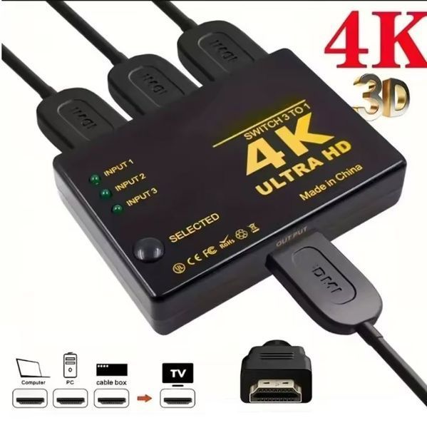Свитчер коммутатор HDMI 3*1 с ИК ДУ пультом &ndash; переключатель 3 входа / 1 выход для 4K устройств (DVD, HDTV, Xbox, PS4) видео+аудио (3 HDMI in - 1 HDMI out)&nbsp; 3511-2 фото