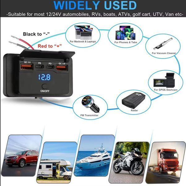 Сокет USB*2 (QC3.0) Type-C*2 (PD) +вольтметр Автомобильное зарядное устройство с выключателем (кнопка вкл/выкл) 4-портовый разветвитель PD/QC3.0 для авто, фургонов, катеров 12В/24В 8320 фото