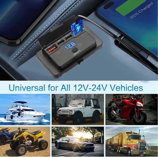Сокет USB*2 (QC3.0) Type-C*2 (PD) +вольтметр Автомобильное зарядное устройство с выключателем (кнопка вкл/выкл) 4-портовый разветвитель PD/QC3.0 для авто, фургонов, катеров 12В/24В 8320 фото