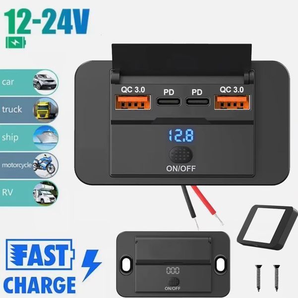 Сокет USB*2 (QC3.0) Type-C*2 (PD) +вольтметр Автомобильное зарядное устройство с выключателем (кнопка вкл/выкл) 4-портовый разветвитель PD/QC3.0 для авто, фургонов, катеров 12В/24В 8320 фото