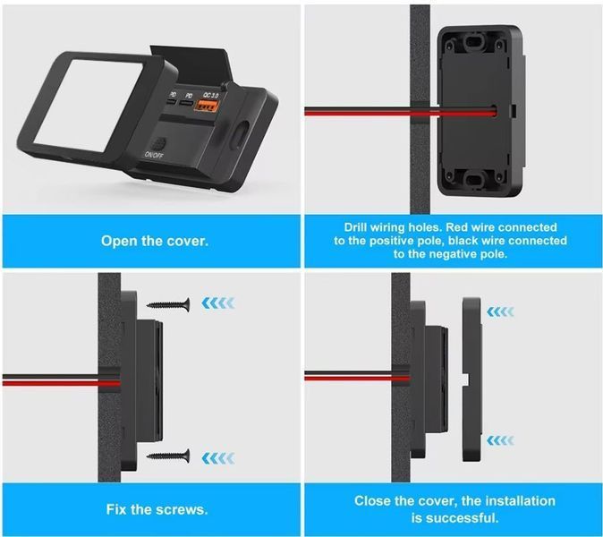 Сокет USB*2 (QC3.0) Type-C*2 (PD) +вольтметр Автомобильное зарядное устройство с выключателем (кнопка вкл/выкл) 4-портовый разветвитель PD/QC3.0 для авто, фургонов, катеров 12В/24В 8320 фото