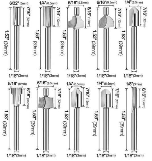 Набор фрез по дереву (10 шт) под хвостовик 3 мм 1/8" Portable HSS Router Bits Rotary Tool Set DIY Wood Cutter 8064 фото