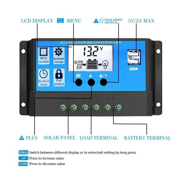 Солнечный контроллер заряда RBL-20A 24V-12V 20A с дисплеем + 2USB гнездо 4751 фото
