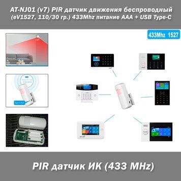 AT-NJ01 (v7) PIR датчик руху бездротовий ІЧ для домашньої GSM сигналізації (eV1527, 110/30 градусів охоплення) бездротовий, 433Mhz живлення AAA + USB Type-C&nbsp; 3667-3 фото