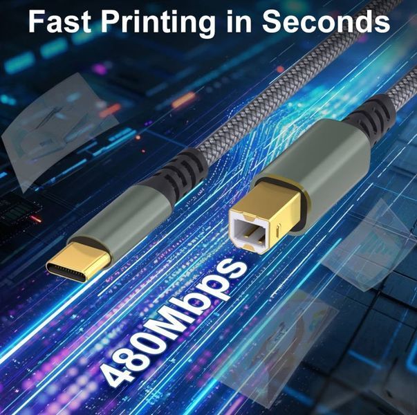 Кабель USB Type-C (male) к USB-B (male) для принтера (1 м) серый плетеный шнур для Canon Epson HP Samsung 5979-2 фото