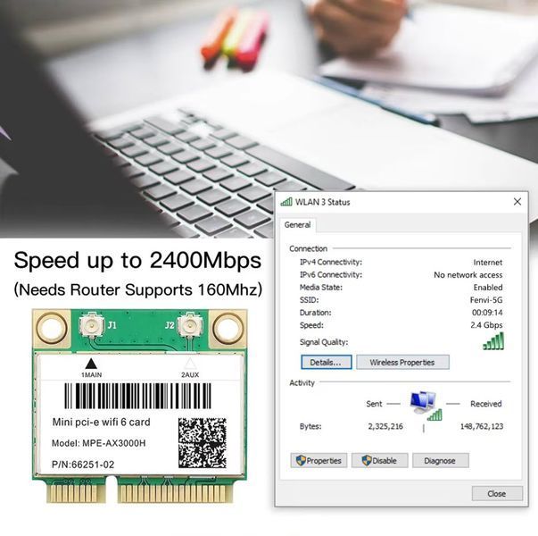 Сетевая карта MPE-AX3000H Wi-fi6 Bluetooth 5.2 Mini PCI-E Wireless двухдиапазонная беспроводная карта с блютуз для ноутбука и ПК 8279-2 фото