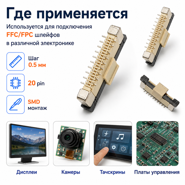 Разъем FFC FPC 0.5 мм 20 pin вертикальный 90&deg; с фиксатором для шлейфа SMD 7983 фото