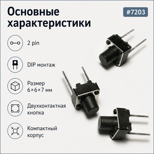 Кнопка тактовая 6&times;6&times;7 мм 2 pin DIP Micro Touch Tactile Push Button Switch Horizontal 7203 фото