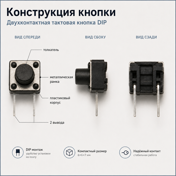 Кнопка тактовая 6&times;6&times;7 мм 2 pin DIP Micro Touch Tactile Push Button Switch Horizontal 7203 фото