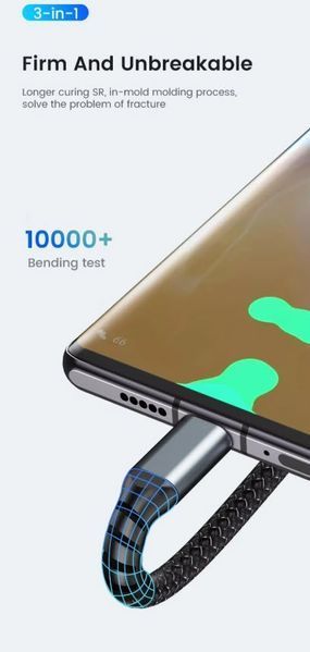 Универсальный кабель 3-в-1 для быстрой зарядки 100W 6A (1.2 м) USB на Type-C, Micro-USB, Lightning для iPhone, Samsung, Xiaomi Fast Charger Cable Car&nbsp; 8255 фото