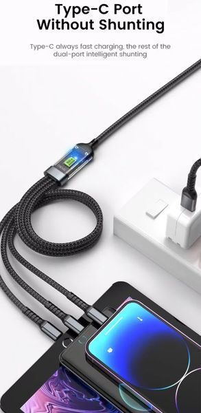 Универсальный кабель 3-в-1 для быстрой зарядки 100W 6A (1.2 м) USB на Type-C, Micro-USB, Lightning для iPhone, Samsung, Xiaomi Fast Charger Cable Car&nbsp; 8255 фото