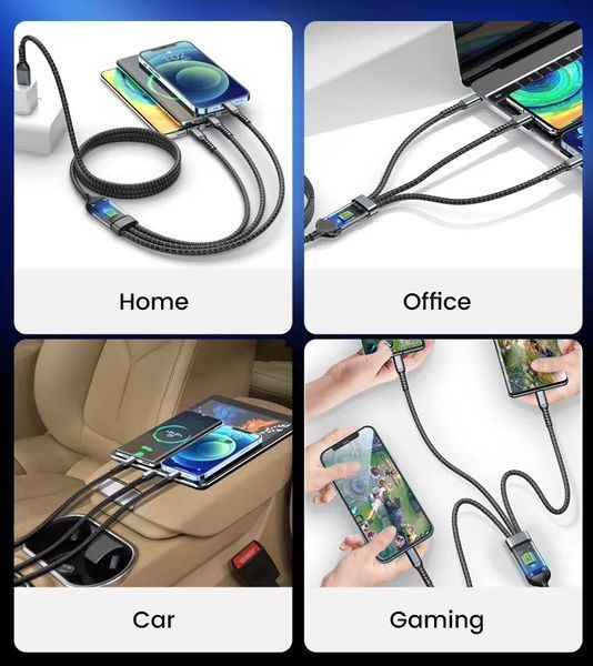 Универсальный кабель 3-в-1 для быстрой зарядки 100W 6A (1.2 м) USB на Type-C, Micro-USB, Lightning для iPhone, Samsung, Xiaomi Fast Charger Cable Car&nbsp; 8255 фото