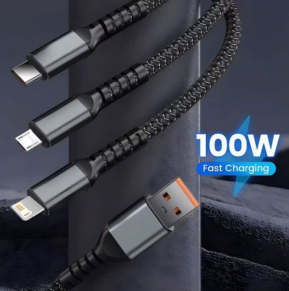 Универсальный кабель 3-в-1 для быстрой зарядки 100W 6A (1.2 м) USB на Type-C, Micro-USB, Lightning для iPhone, Samsung, Xiaomi Fast Charger Cable Car&nbsp; 8255 фото