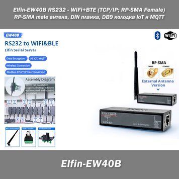 Elfin-EW40B RS232 to WiFi+BTE TCP/IP RP-SMA Female (RP-SMA male антена, DIN планка, DB9 колодка) IoT и MQTT сервер последовательный порт EW40B Elfin Serial Server &ndash; преобразует RS232 в Wi-Fi и Bluetooth (BLE) с поддержкой Ali IoT и MQTT 5374-3 фото