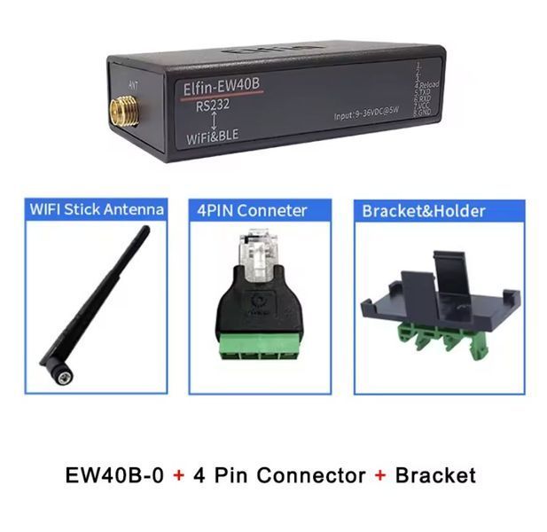 Elfin-EW40B RS232 to WiFi+BTE TCP/IP RP-SMA Female (RP-SMA male антена, DIN планка, DB9 колодка) IoT и MQTT сервер последовательный порт EW40B Elfin Serial Server &ndash; преобразует RS232 в Wi-Fi и Bluetooth (BLE) с поддержкой Ali IoT и MQTT 5374-3 фото