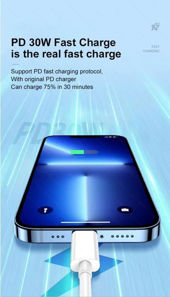 Кабель PD USB Fast Charging Type-C - Lighting (2 м) 30W Cable For Apple iPhone/iPad/iPod 13 12 11 14 Pro Max X 8016 фото