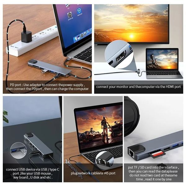 8 в 1 (87W) Type-C USB 3.0 Hub Хаб концентратор картридер (SD TF) мережна карта RJ45 висновок HDMI (HDTV 4K) Thunderbolt 3 7415 фото