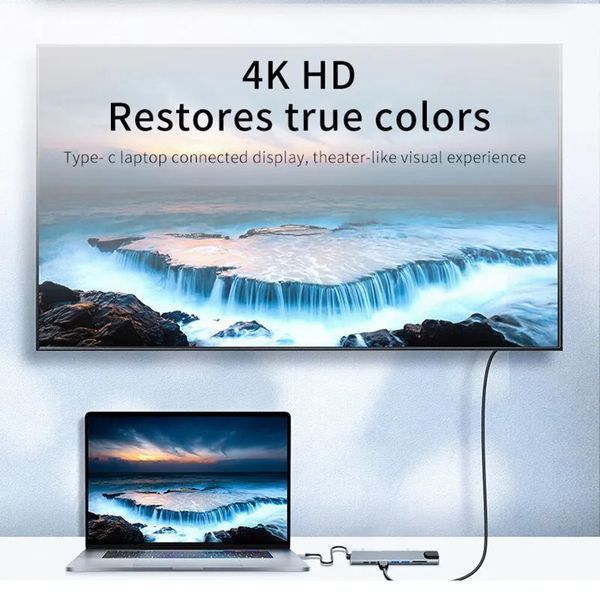 8 в 1 (87W) Type-C USB 3.0 Hub Хаб концентратор картридер (SD TF) мережна карта RJ45 висновок HDMI (HDTV 4K) Thunderbolt 3 7415 фото