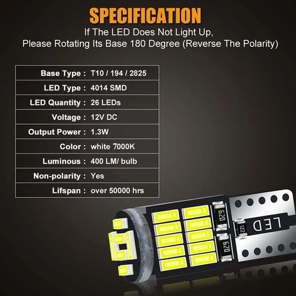 W5W T10 Led 400L 7000K 1.3W (білий) лампа світлодіодна автомобільна Can Bus VW Nissan BMW Mazda Chevrolet Audi Infiniti Kia Lexus 7576 фото