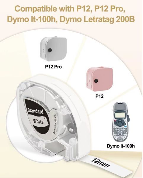 Phomemo P12 P12Pro DYMO Letra Tag Сменный картридж (самоклеющаяся + красящая лента) для принтера стикеров/этикеток 12 мм (4 м) белый фон черные буквы -термо- &nbsp; 8108-2 фото