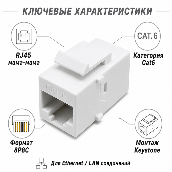 Прохідний з'єднувач RJ45 Keystone Cat6 для Ethernet LAN кабелю, мережевий модуль розетки RJ45 мама-мама 6357 фото