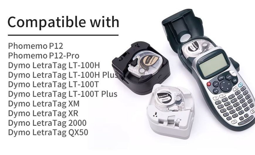 Phomemo P12 P12Pro DYMO Letra Tag Сменный картридж (самоклеющаяся + красящая лента) для принтера стикеров/этикеток 12 мм (4 м) белый фон черные буквы -термо- &nbsp; 8108-2 фото